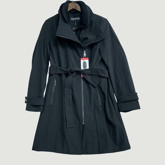 Halston Women's M Black Belted Trench Coat Water-Resistant Polyester JCK0229 - Picture 5 of 14